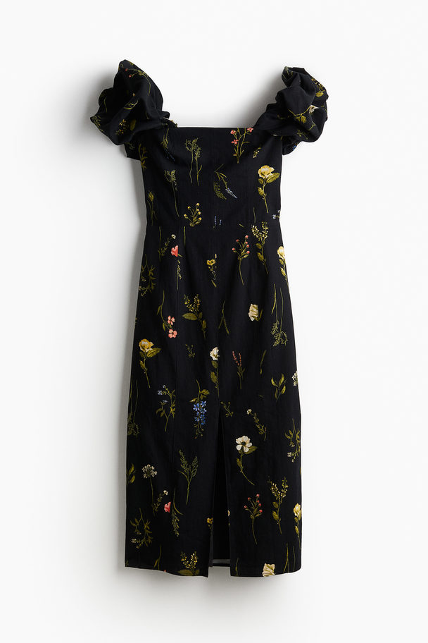 H&M Off-the-shoulderjurk Van Linnenmix Zwart/bloemen