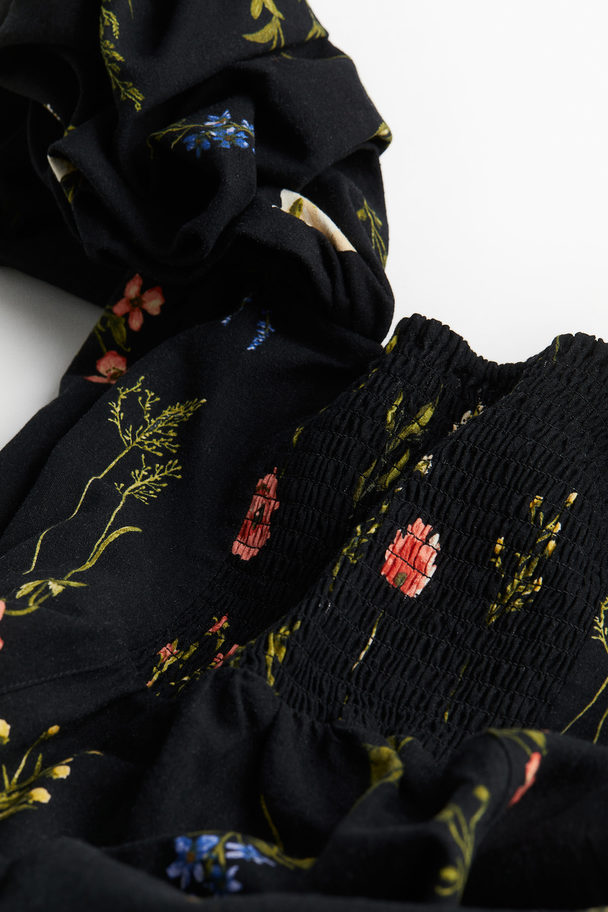 H&M Off-the-shoulderjurk Van Linnenmix Zwart/bloemen