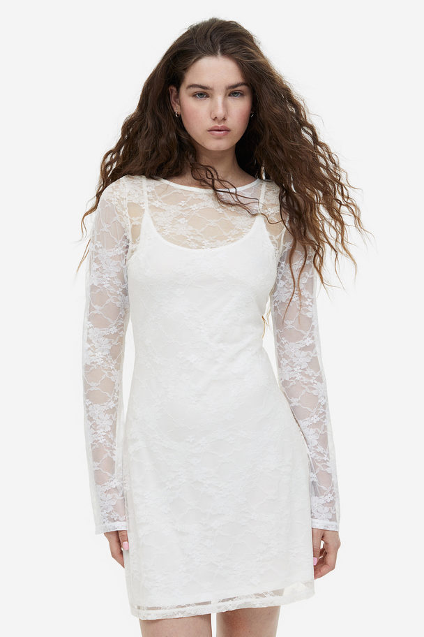 H&M Lacing-detail Open-backed Lace Dress Cream