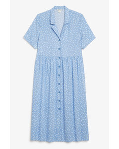 Blauwe Midi-jurk Knopen Met Kleine Bloemen Blauw Met Fijne Bloemenprint