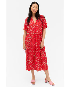 Red Floral Midi Button-up Dress Red Medium