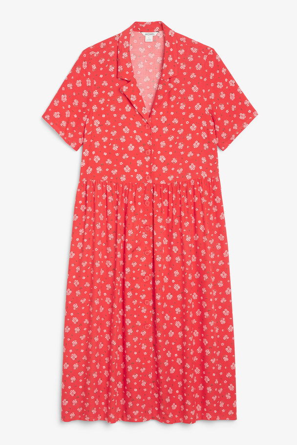 Monki Red Floral Midi Button-up Dress Red Medium