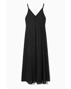 Pleated V-neck Linen Midi Dress Black
