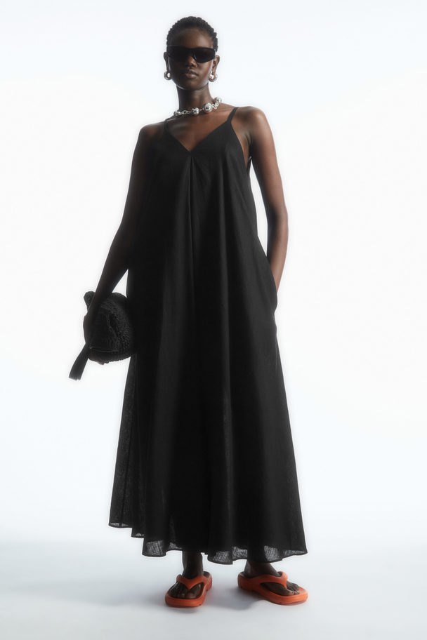 COS Pleated V-neck Linen Midi Dress Black
