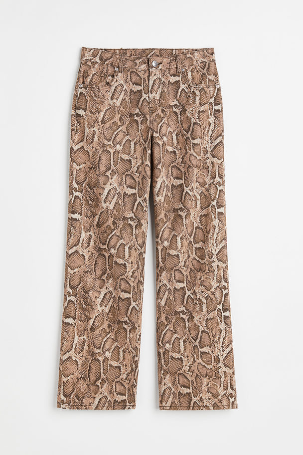 H&M Wide Twill Trousers Brown/snakeskin-patterned