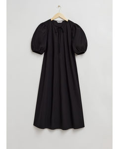 Ruimvallende Midi-jurk Met Pofmouwen Zwart