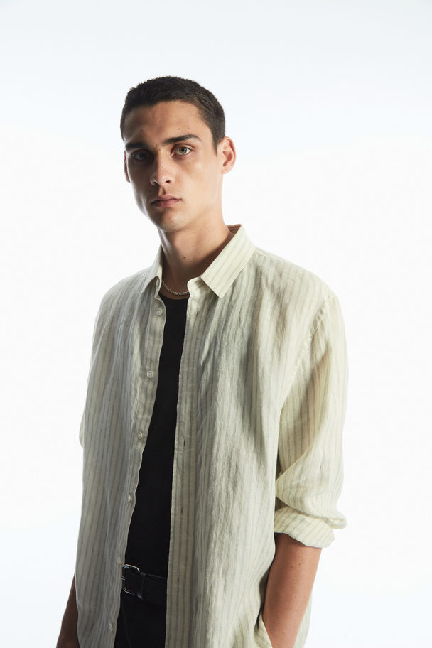COS Long-sleeved Striped Linen Shirt Green / Cream / Striped