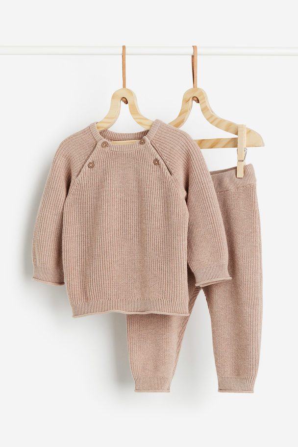 H&M Knitted Jumper And Trousers Beige
