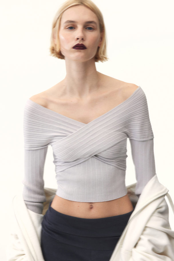 H&M Rib-knit Off-the-shoulder Top Light Grey
