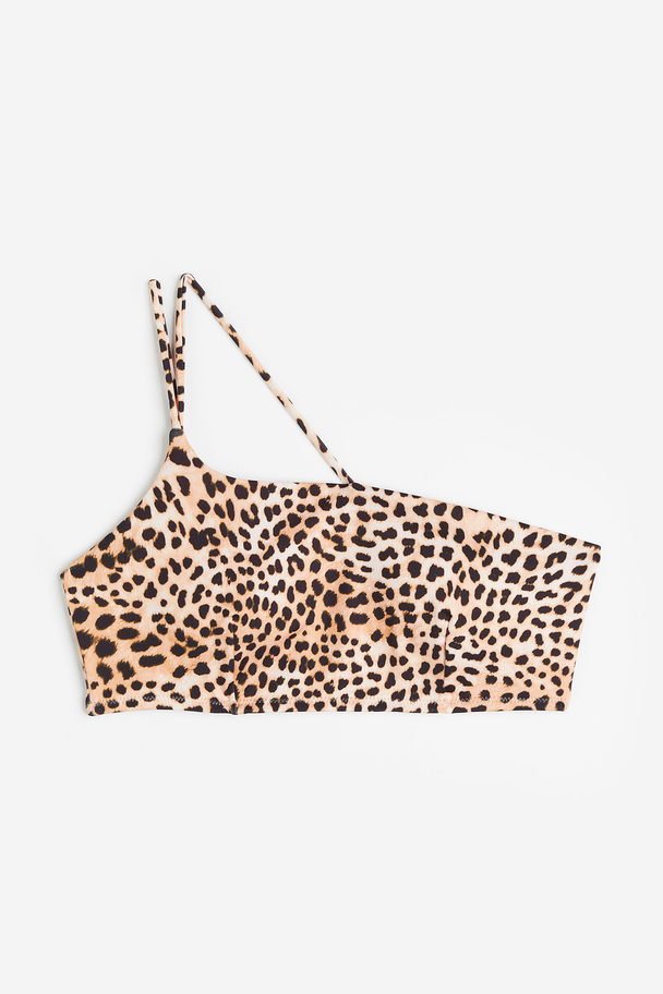 H&M Vattert, One Shoulder-bikinitopp Beige/leopardtrykk