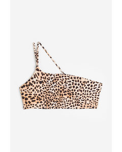 One-shoulder Padded Bikini Top Beige/leopard Print