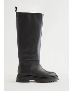 Chunky Sole Tall Leather Boots Black