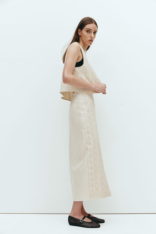 H&M Embroidered Linen Skirt Light Beige