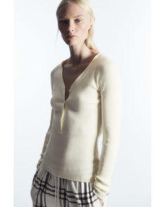 V-neck Ribbed Wool Henley Top Cream