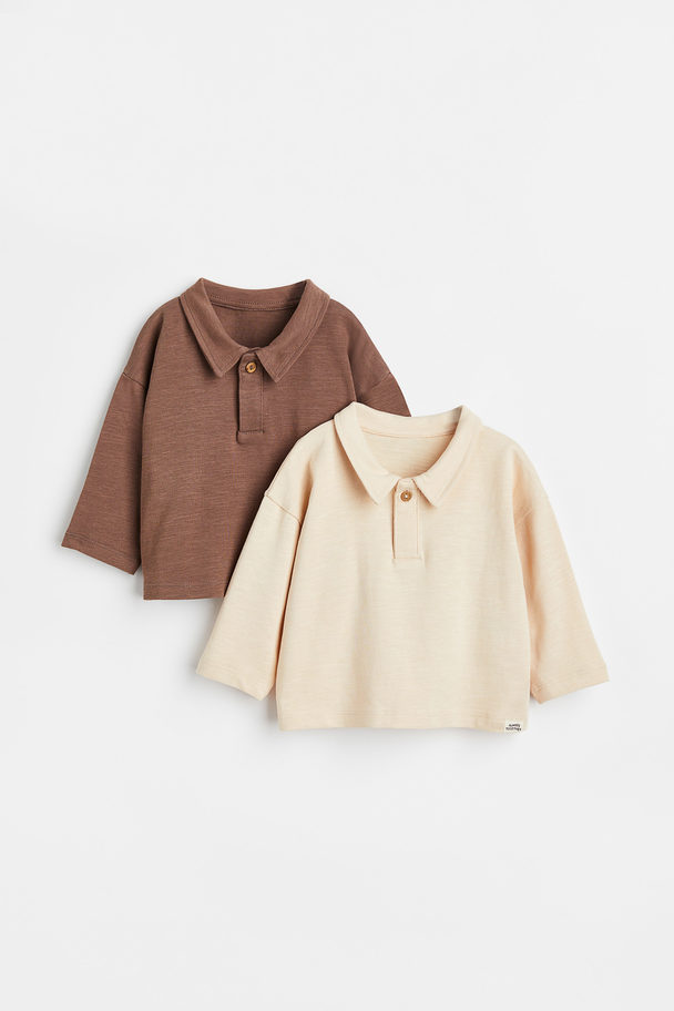 H&M 2-pack Cotton Rugby Shirts Light Beige/brown