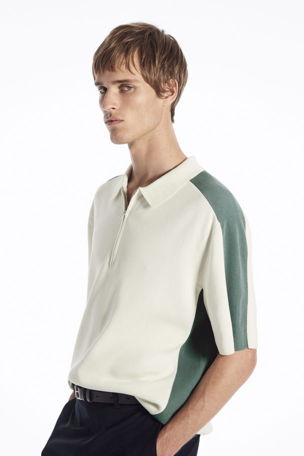 COS Colour-block Half-zip Polo Shirt Off-white / Green