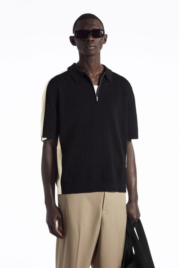 COS Colour-block Half-zip Polo Shirt Black / Off-white