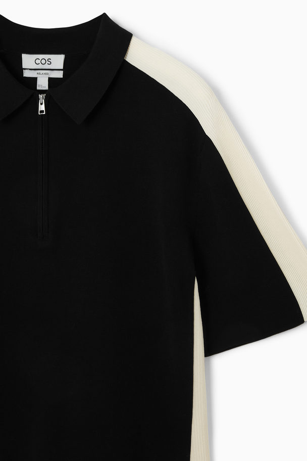 COS COLOUR-BLOCK-POLOSHIRT MIT KURZEM REISSVERSCHLUSS SCHWARZ/CREMEWEISS