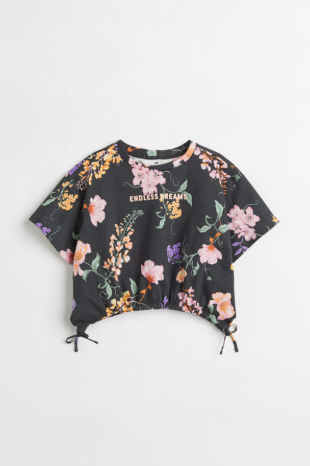 H&M Drawstring T-shirt Dark Grey/floral