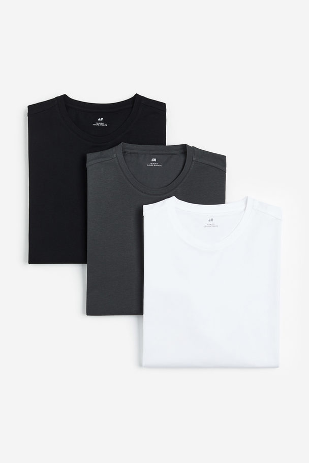 H&M Set Van 3 Tricot Shirts - Slim Fit Wit/grijs/zwart