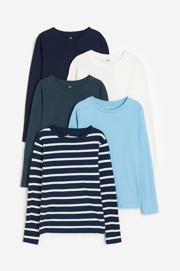 H&M Set Van 5 Tricot Shirts Donkerblauw/gestreept