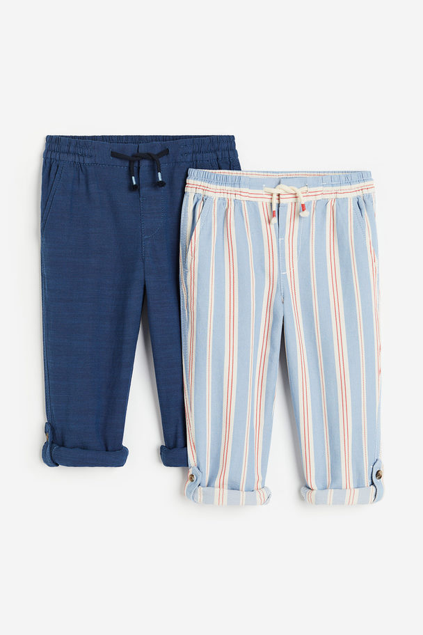 H&M 2-pack Loose Fit Roll-up Trousers Dark Blue/light Blue Striped