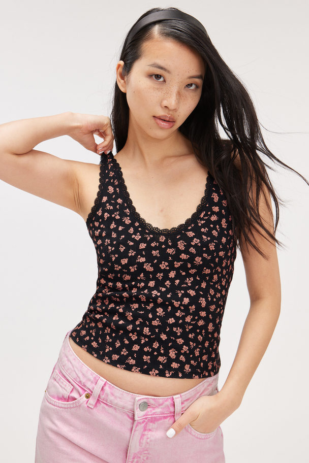 Monki Laced Fitted Pointelle Tank Top Black W. Floral Print