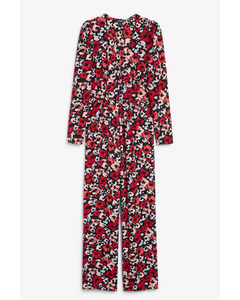 Floral Long Sleeve V Neck Jumpsuit Red And Blue Flowers