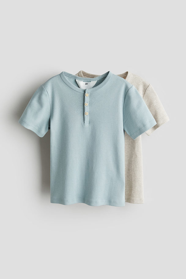 H&M 2-pack Cotton Henley Tops Light Dusty Turquoise/beige