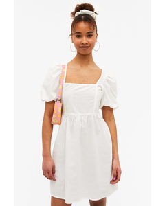 White Square Neck Puff Sleeve Mini Dress White