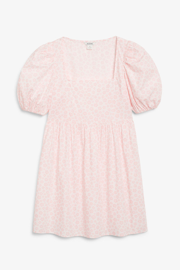 Monki Square Neck Floral Puff Sleeve Mini Dress White With Pink Flowers