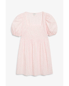 Mini-jurk Met Vierkante Halslijn En Pofmouwen Wit Met Roze Bloemen