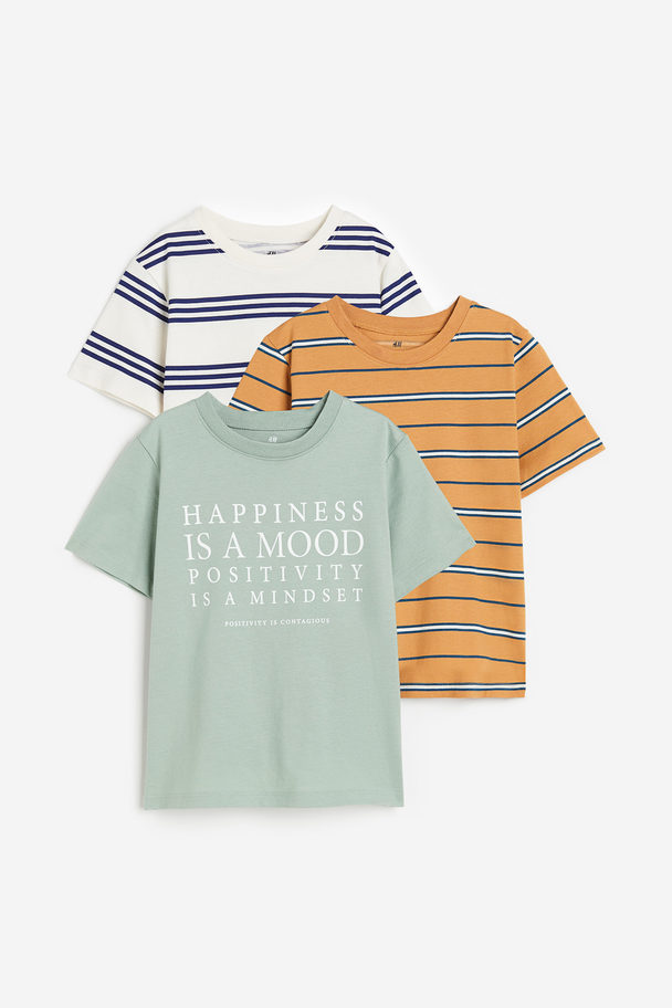 H&M 3-pack Printed T-shirts Sage Green/striped