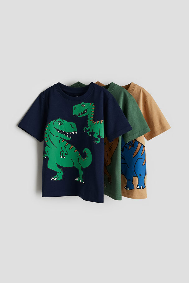 H&M 3-pack Printed T-shirts Dark Blue/dinosaurs