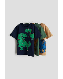 3-pack Printed T-shirts Dark Blue/dinosaurs