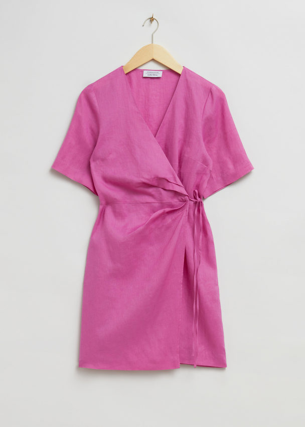 & Other Stories Linen Diagonal Wrap Dress Bright Pink