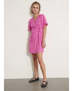 Linen Diagonal Wrap Dress Bright Pink