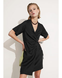 Linen Diagonal Wrap Dress Black