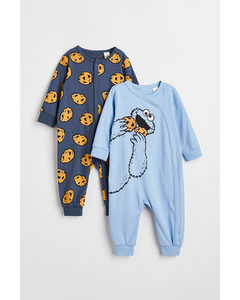 2-pack Printed Pyjamas Light Blue/sesame Street