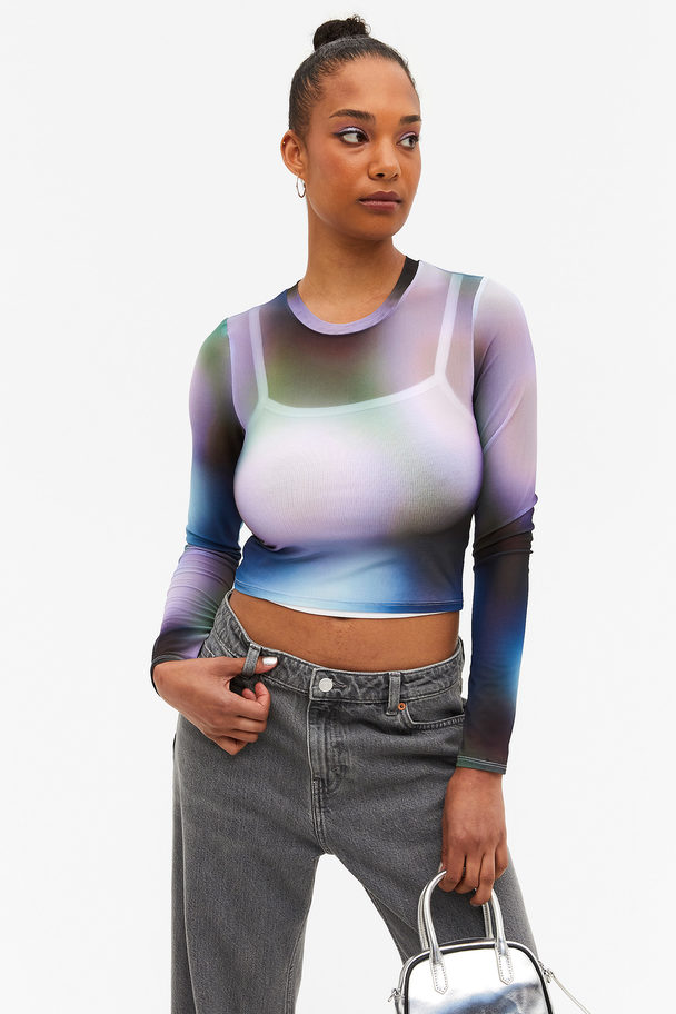 Monki Long Sleeve Cropped Mesh Top Blurred Digital Print