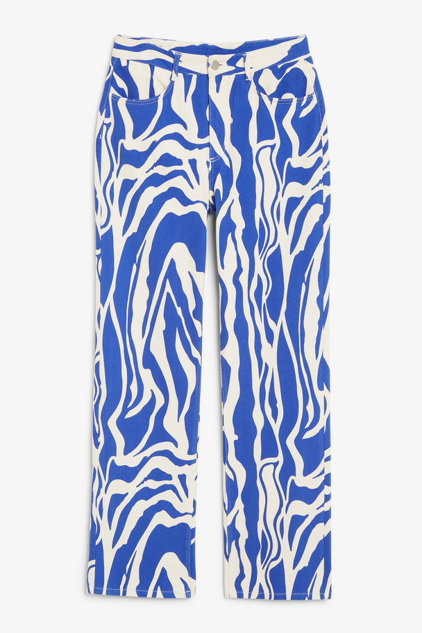 Monki Bedruckte Hose mit geradem Bein Abstraktes Muster in Weiß-Blau