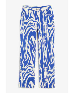 Print Straight-leg Trousers White And Blue Abstract Print