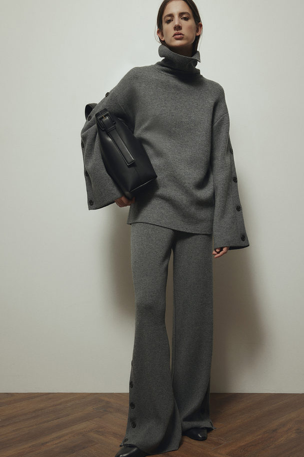 H&M Wool Button-detail Trousers Dark Grey Marl