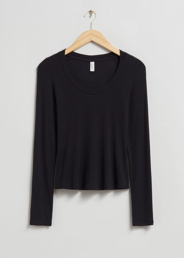 & Other Stories Scooped Neck Top Black Ribbed