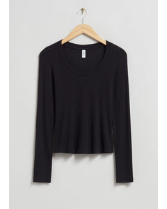 Scooped Neck Top Black Ribbed