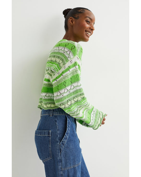 H&M Pointelle-knit Jumper Light Green/striped