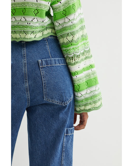 H&M Pointelle-knit Jumper Light Green/striped