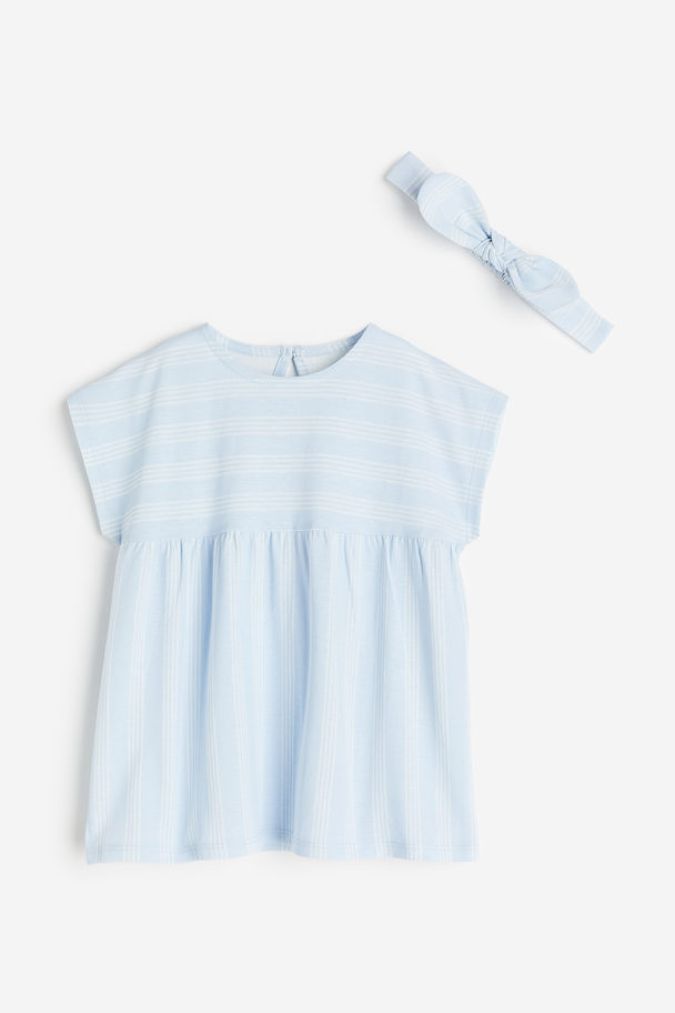 H&M Dress And Hairband Set Light Blue/striped