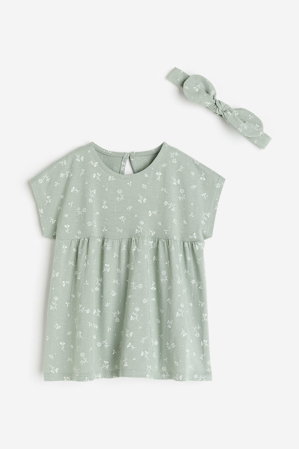 H&M Dress And Hairband Set Light Green/floral