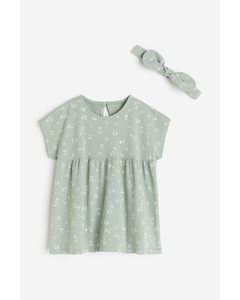 Dress And Hairband Set Light Green/floral